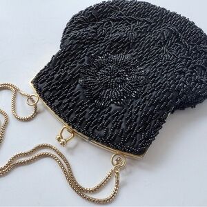 Vintage 1950s Black Beaded Evening Bag w/ Gold Chain Handle Made in Hong Kong